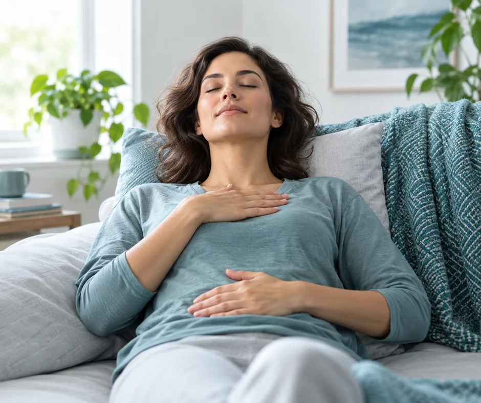 Mujer practicando respiración diafragmática con una mano en el pecho y otra en el abdomen